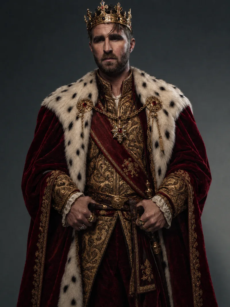 AI-generated portrait of Stephane Morera as the King of AEO, wearing a gold crown and an ermine-trimmed red robe